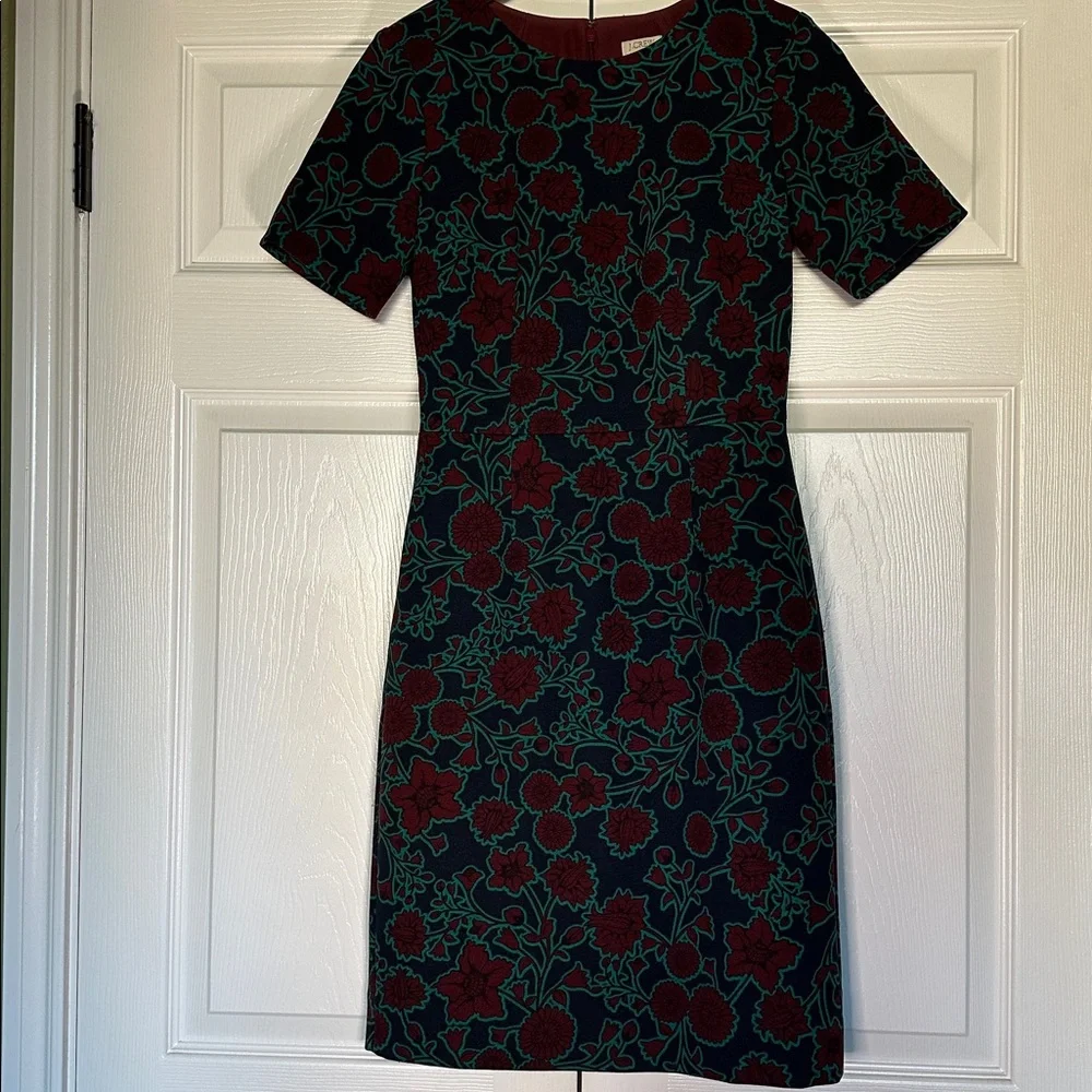 J .Crew Red Floral Short Sleeve Sheath Pencil Knee Length Dress, XS - Picture 2 of 14